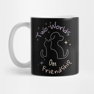 Two worlds, one friendship, white silhouettes of a dog and a cat against the background of colorful stars as a symbol of friendship between different personalities Mug